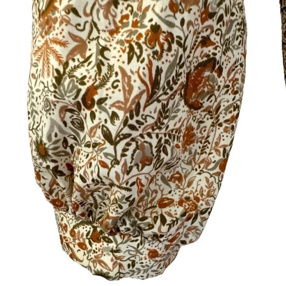70s Vintage Winter Jack Tan Green Ditsy Floral Ballon Sleeve Pop Over Blouse